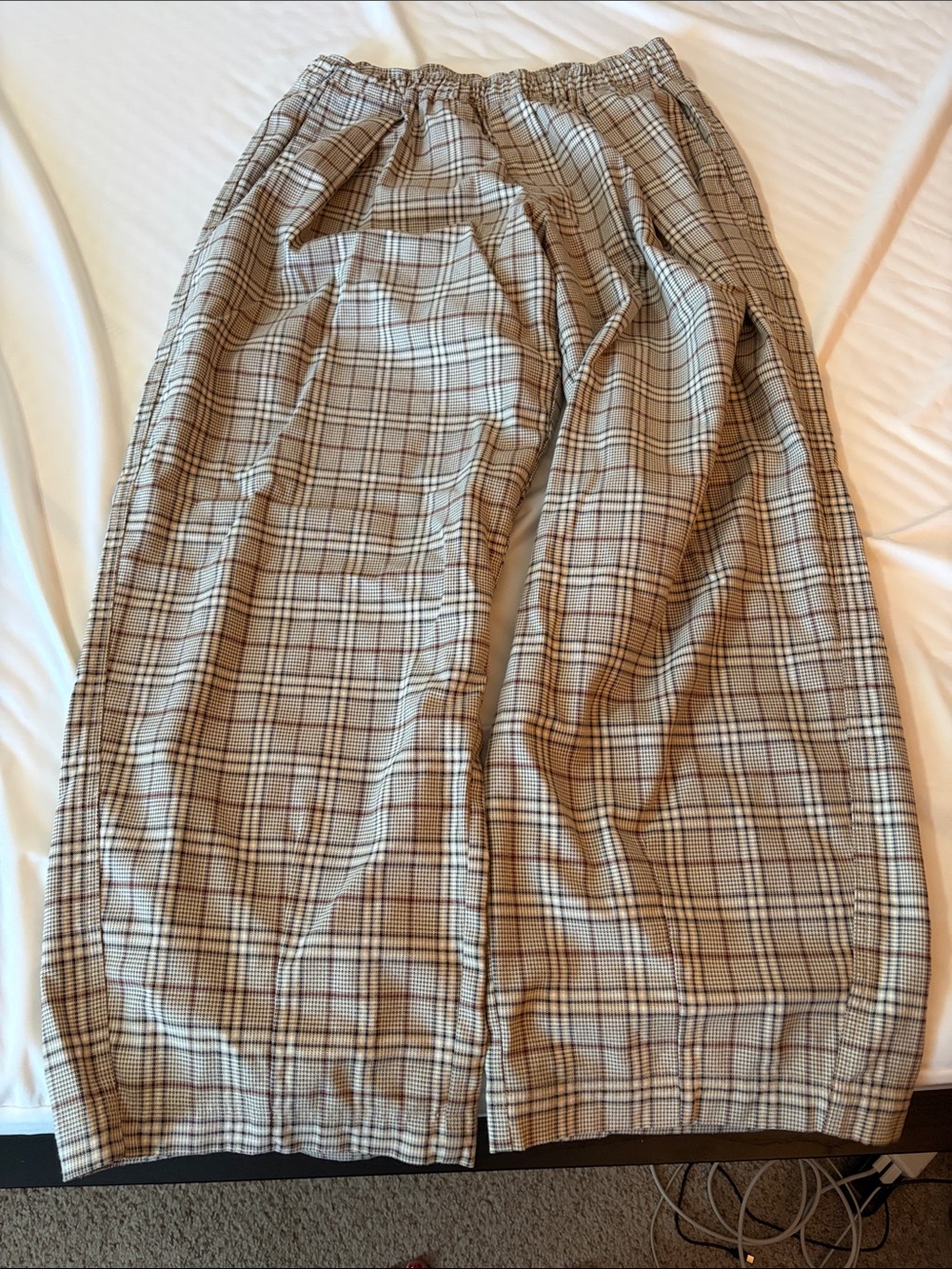 BDG Plaid Elastic-Waist Wide-Leg Trousers in Beige and Brown